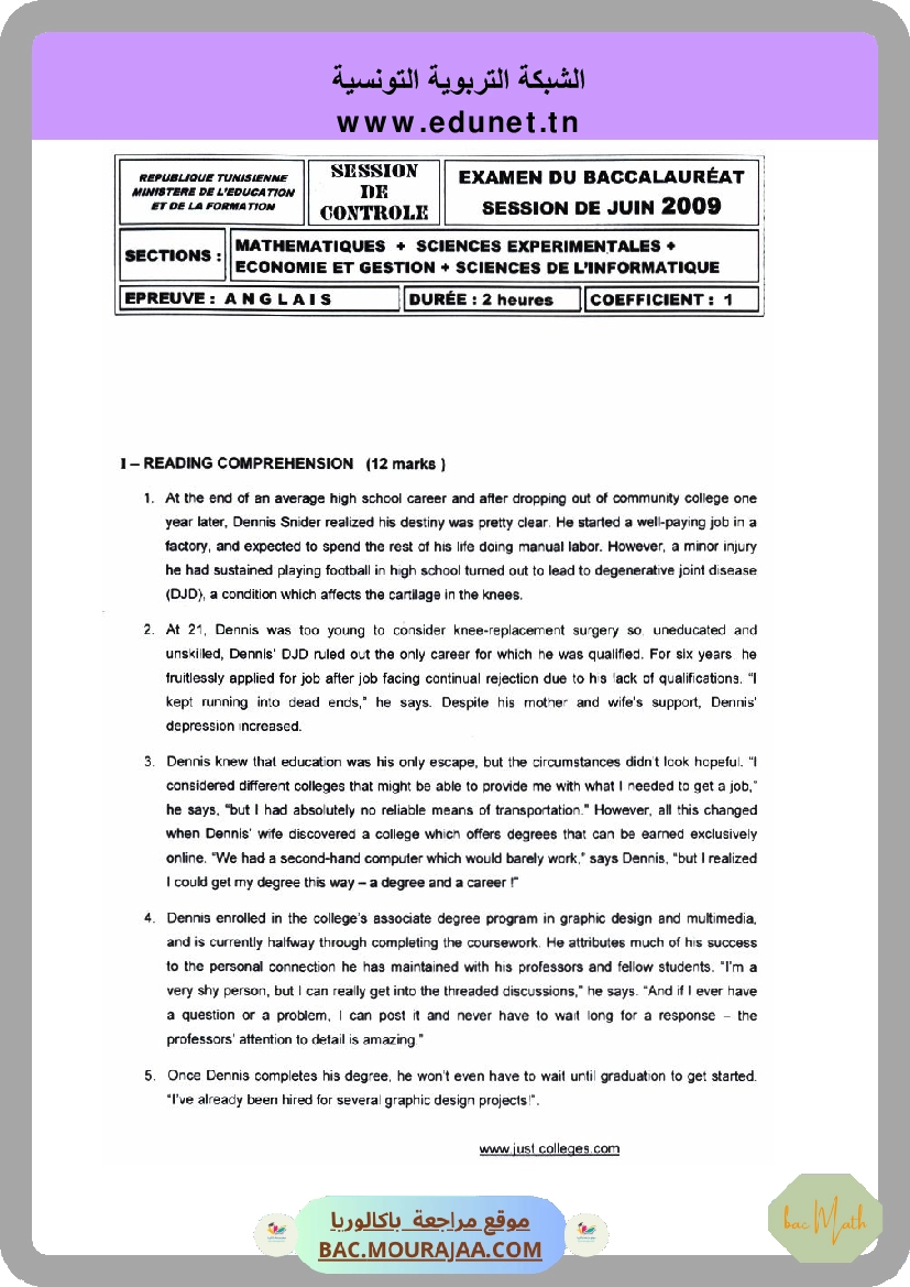 Sujet controle anglais Bac 2009 – Section math